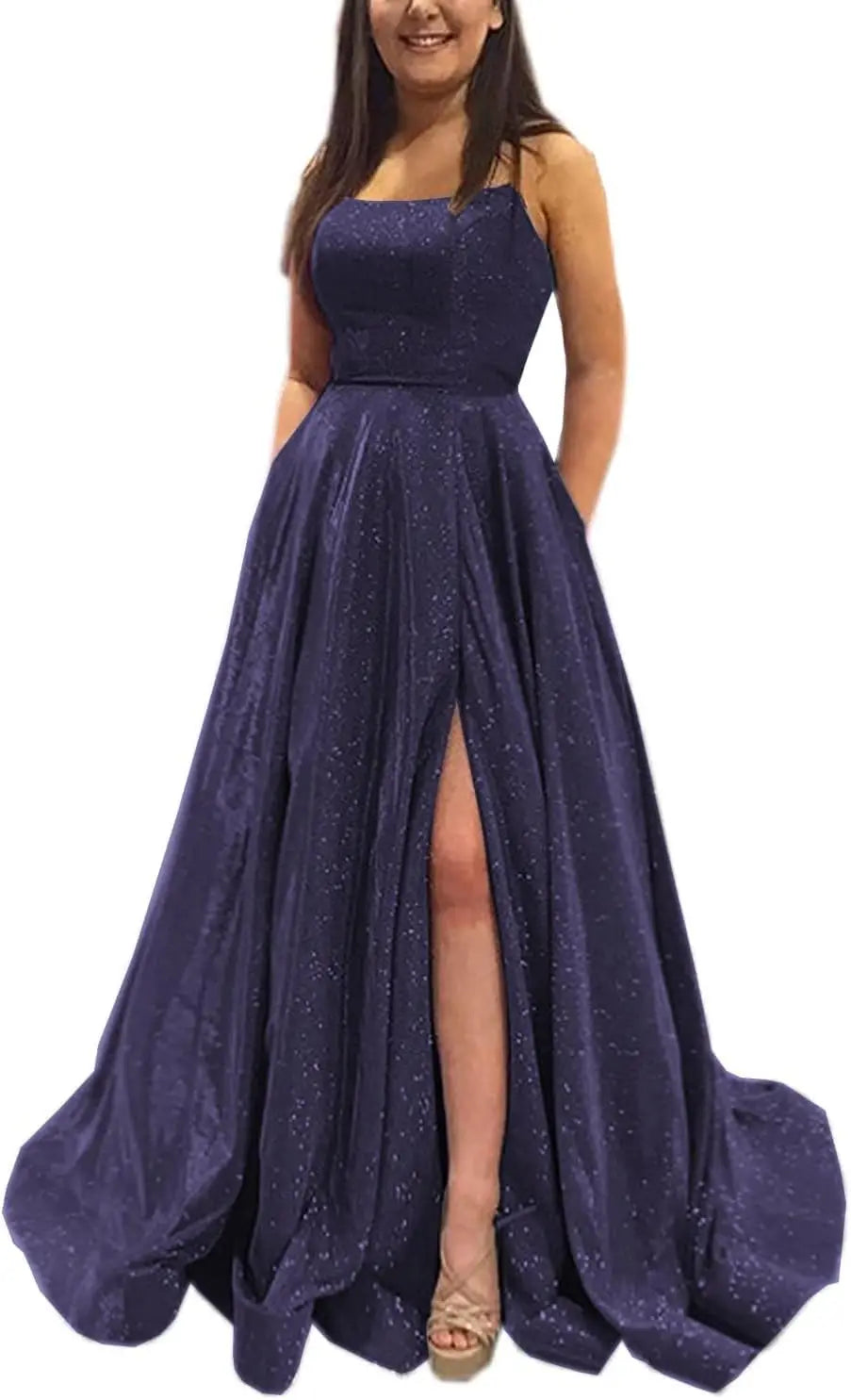 Vestidos de fiesta con purpurina para mujer, 2025, con tirantes finos abiertos, largos, formales, para noche, boda, fiesta, baile, con bolsillos 