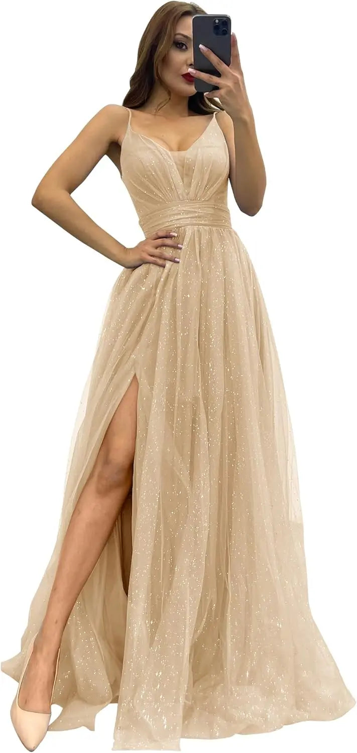 2025 Sparkly Tulle Formal Prom Dress Pleated A-Line Ball Gown with Spaghetti Straps Slit for Women Evening Dresses