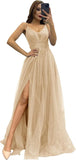 2025 Sparkly Tulle Formal Prom Dress Pleated A-Line Ball Gown with Spaghetti Straps Slit for Women Evening Dresses