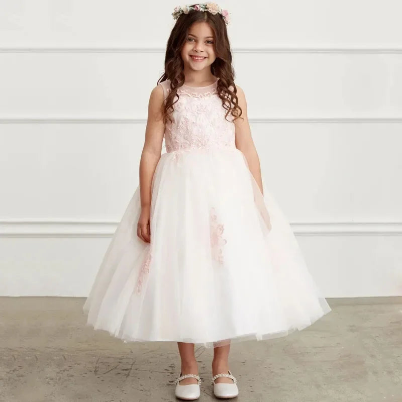 Estampado de flores azul cielo con cinta sin mangas para bodas, fiestas de cumpleaños, banquetes, vestidos de princesa, vestidos de niña de las flores personalizados 