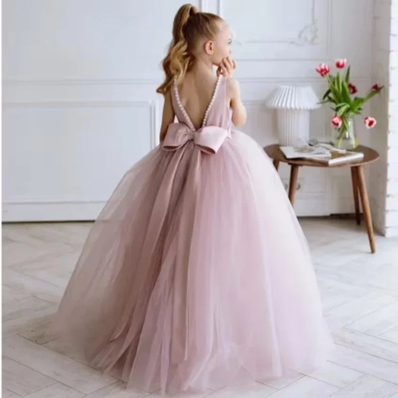 Vestidos de princesa para banquetes de fiesta de cumpleaños, vestidos de niña de las flores, tul rosa polvoriento, cuello de perlas con lazo y cinturón, sin mangas para boda 