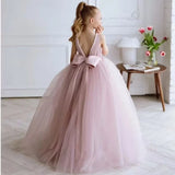 Vestidos de princesa para banquetes de fiesta de cumpleaños, vestidos de niña de las flores, tul rosa polvoriento, cuello de perlas con lazo y cinturón, sin mangas para boda 