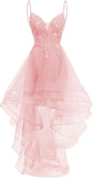 Lace Applique Homecoming Dresses 2025 High Low Spaghetti Straps Tulle Short Prom Dress for Teens Glitter Quinceanera Dress Gowns