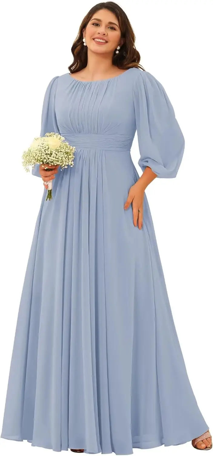 Chiffon Long Sleeves Bridesmaid Dresses Scoop Neck Pleated A Line Long Formal Dresses for Women Plus Size wedding guest dress