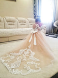 Vestido de niña de flores de tul para fiesta de bodas, vestido de primera comunión, vestido de tutú de encaje con cola, vestido de baile de niña, apliques de marfil con lazos 