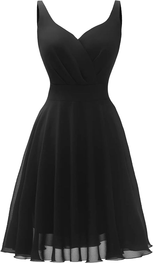 Dressever Sommer-Cocktailkleid mit V-Ausschnitt, verstellbaren Spaghettiträgern, Chiffon, Sommerkleid, Partykleider, kurzes Ballkleid 