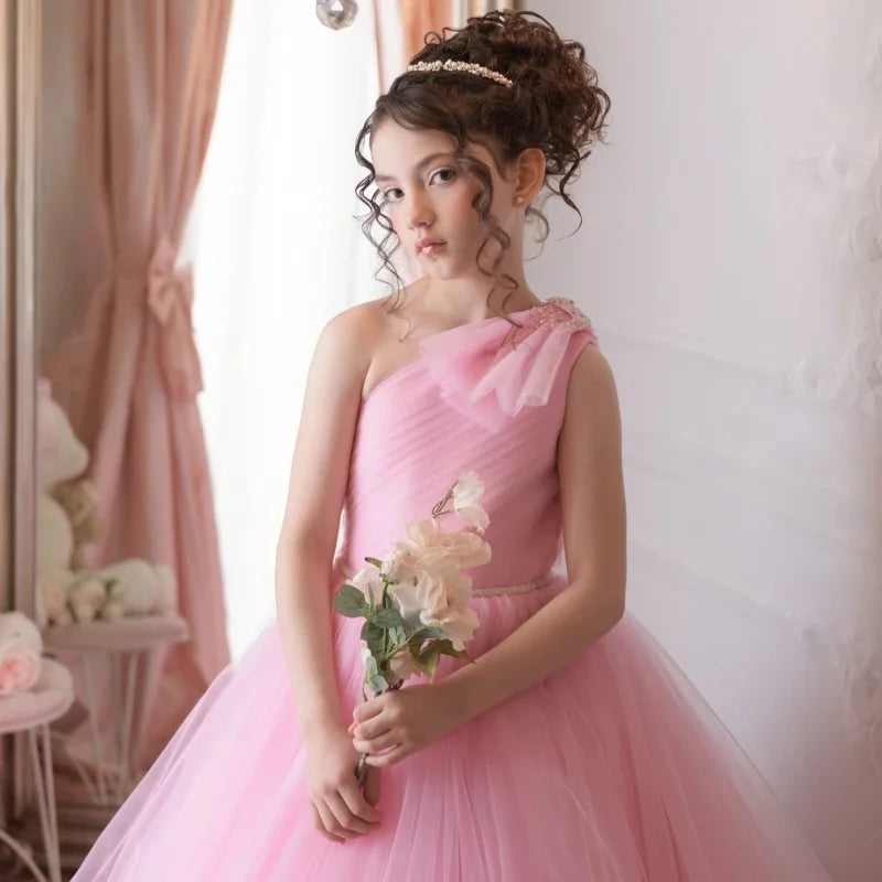 Pink Tulle With Belt Single Shoulder For Wedding Birthday Party Prom Banquet Princess Gowns Customized Flower Girl Dresses