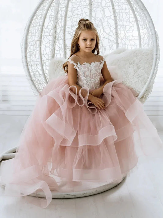 Vestido de princesa para banquete de cumpleaños, vestidos para niñas de flores, tul rosa polvoriento, apliques blancos escalonados con lazo, sin mangas para boda 