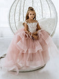Vestido de princesa para banquete de cumpleaños, vestidos para niñas de flores, tul rosa polvoriento, apliques blancos escalonados con lazo, sin mangas para boda 