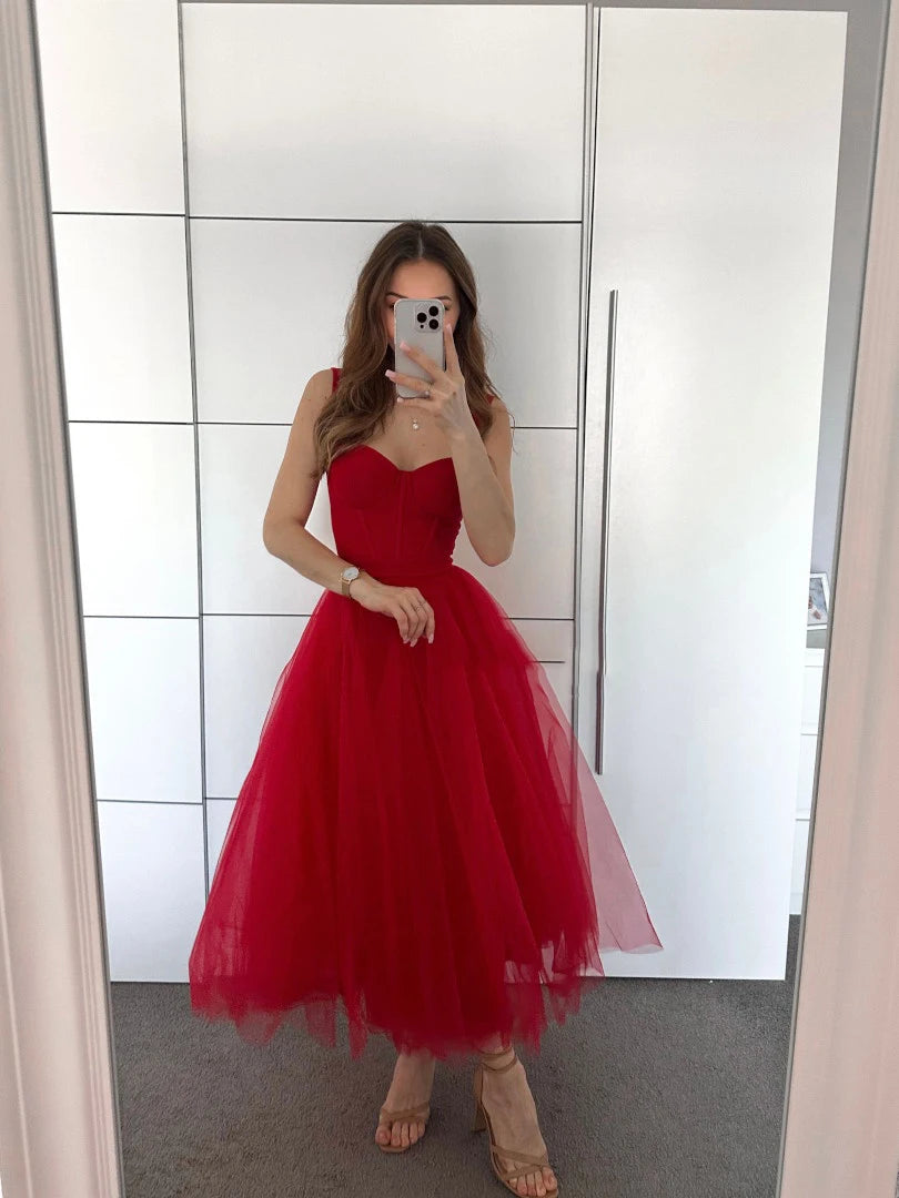 Tulle Tea-Length Prom Dresses High Quality Sweetheart Spaghetti Straps Party & Vacation Wear Elegant Plain A-line Evening Gowns