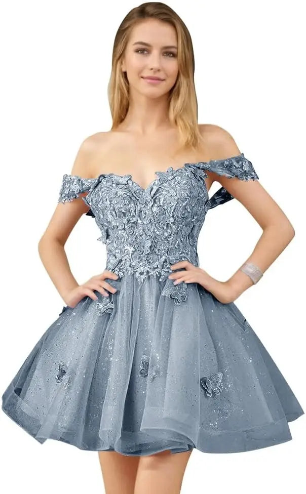 Glitter Tulle Appliques Homecoming Dresses for Teens Beaded Off Shoulder Short Prom Dresses Lace Cocktail Mini Dress Club Gowns