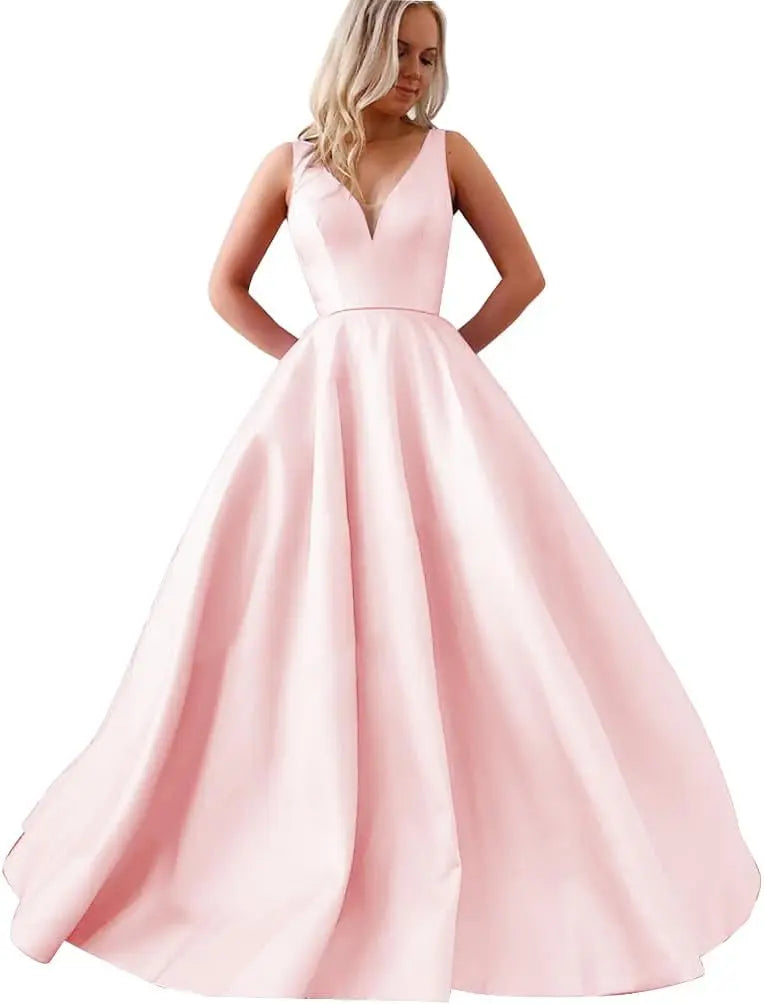Satin A Line Wedding Dresses for Bride V Neck Prom Dresses with Pockets Simple Long Ball Gowns