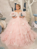 Apliques con volantes y capas de princesa para niña, vestido de fiesta de cumpleaños para niña, vestidos de primera comunión, vestidos de niña de flores rosas para boda 