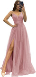 2025 Sparkly Tulle Formal Prom Dress Pleated A-Line Ball Gown with Spaghetti Straps Slit for Women Evening Dresses