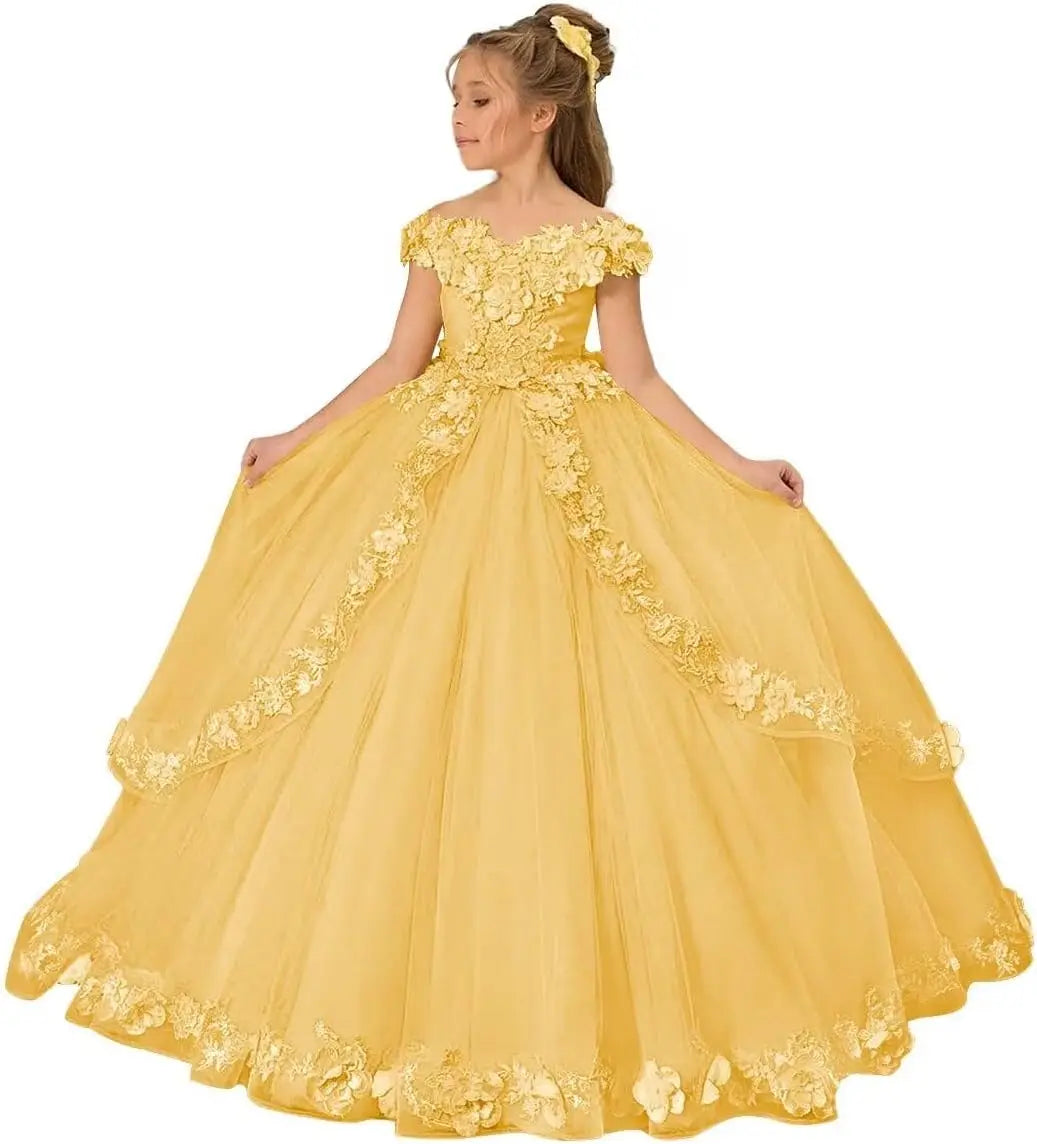 Vestido de tul para niña de las flores, para boda, con hombros descubiertos, para desfile, con flores 3D, estilo princesa, para fiesta 