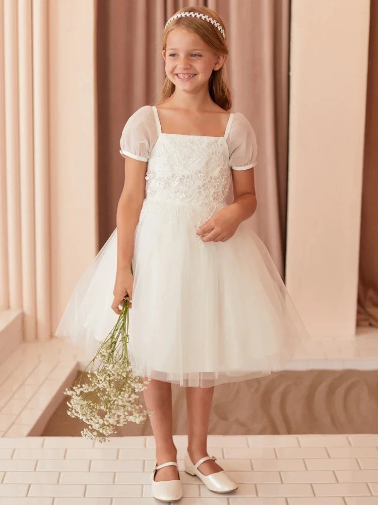 kurzarm kommunion midi kleider festliche Geburtstagsfeier Bankett Heilige Kommunion Kleider Blumenmädchen