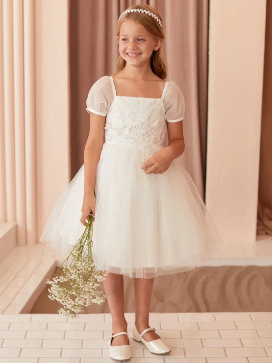 Vestidos de fiesta de cumpleaños, banquetes, comunión, niña de las flores, tul blanco, apliques florales con lazo, manga corta para boda 