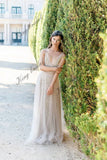 Brautkleid Boho mit Schlitz handbestickt ärmelloses Brautkleid offenes Rückenbrautkleid beiges Brautkleid 