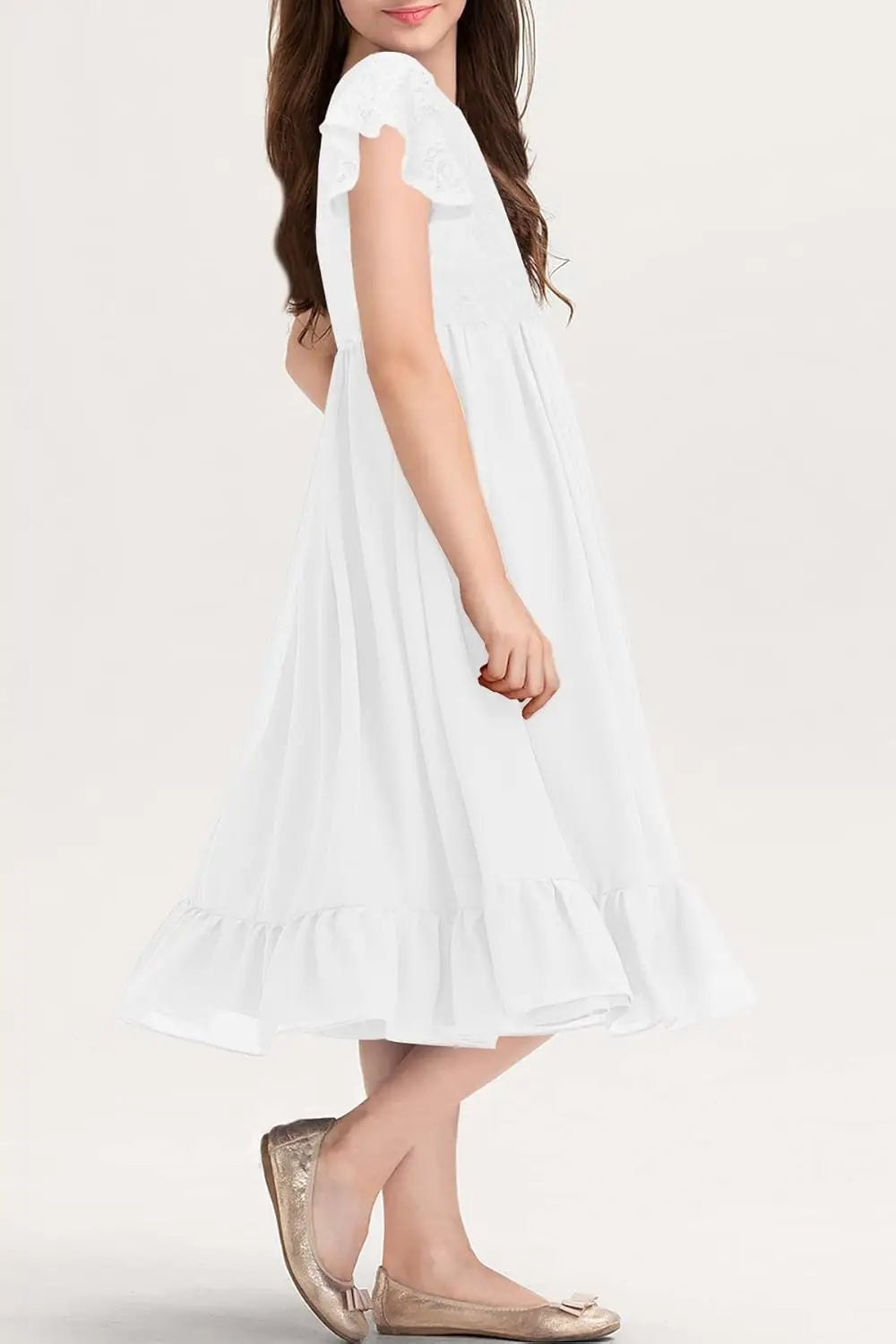 Girls Elegant Lace Flower Crew Neck Ruffle Chiffon A-Line Flowy Birthday Party Midi Dress ball gown  princess dress