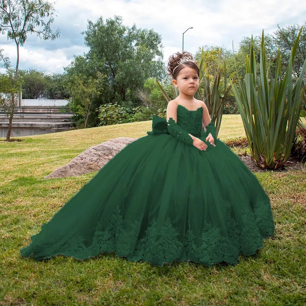 Volle Ärmel Bodenlangen Elegante Mädchen Kinder Geburtstag Party Kommunion Party Kleid Spitze Applikationen Blumenmädchen Kleider für Hochzeit 