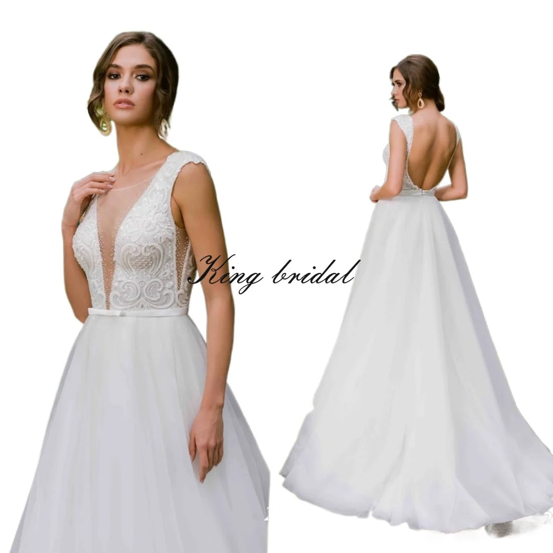 Besticktes Tüll Brautkleid A-Linie Rückenfreies Brautkleid Offenes Rückenkleid Custom Lace schlichtes A-Linienkleid Brautkleid 