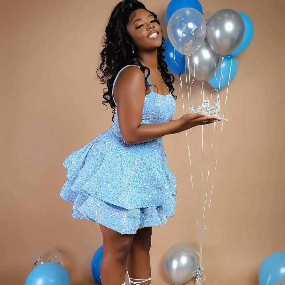 Hübsches, funkelndes Pailletten-Heimkehrkleid für Teenager, kurzes, gestuftes Ballkleid mit quadratischem Ausschnitt und A-Linie, Cocktail-Club-Partykleid 