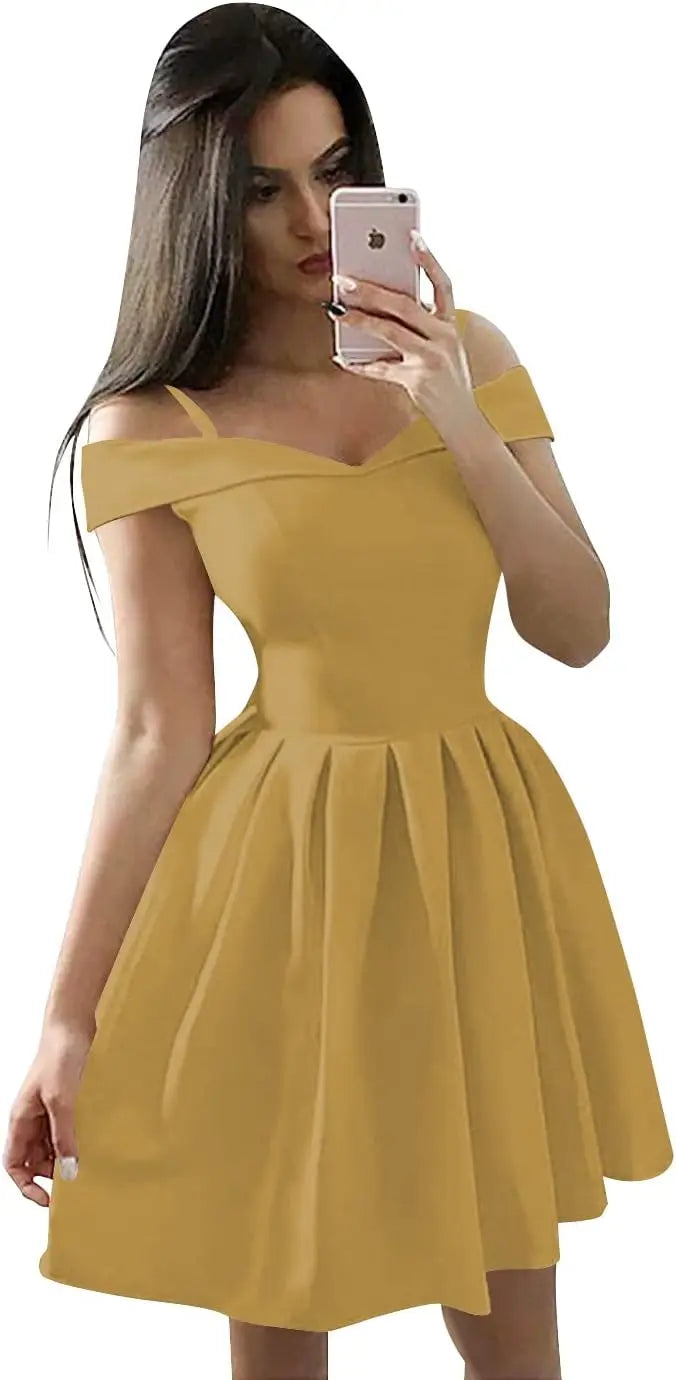 Vestidos cortos con hombros descubiertos para adolescentes (2025), vestido de fiesta con tirantes finos y bolsillos, vestido de dama de honor para fiesta de bodas. 