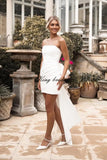 Kurze Brautkleider für die Braut, Strand, Spitzenapplikation, Tüll, trägerlos, Boho-Korsett, Mini-Brautkleid, Satin-Brautkleid mit Ärmeln 