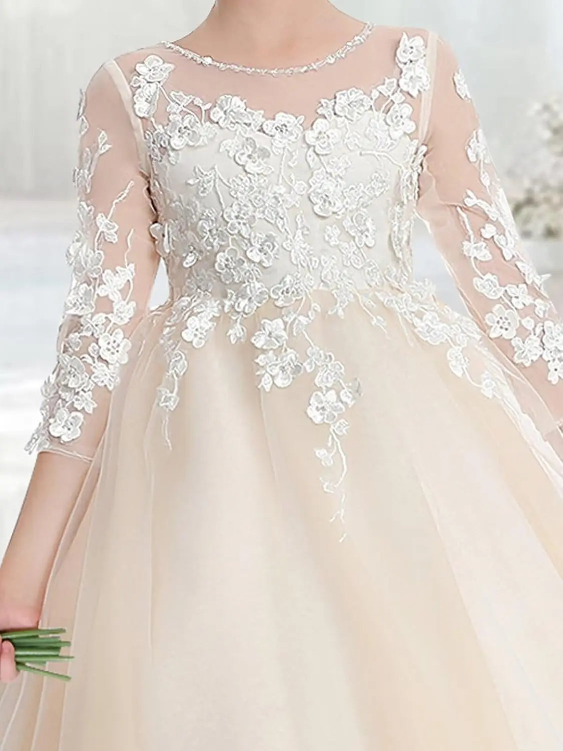 Elegantes Blumenmädchenkleid aus Tüll in A-Linie mit Applikationen, Erstkommunionkleider mit Ärmeln, Festzugs-Prinzessinnen-Partykleider 