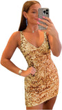 Vestidos cortos de lentejuelas para adolescentes (2025), cuello en V, brillantes, para fiesta formal de graduación, cóctel o club. 