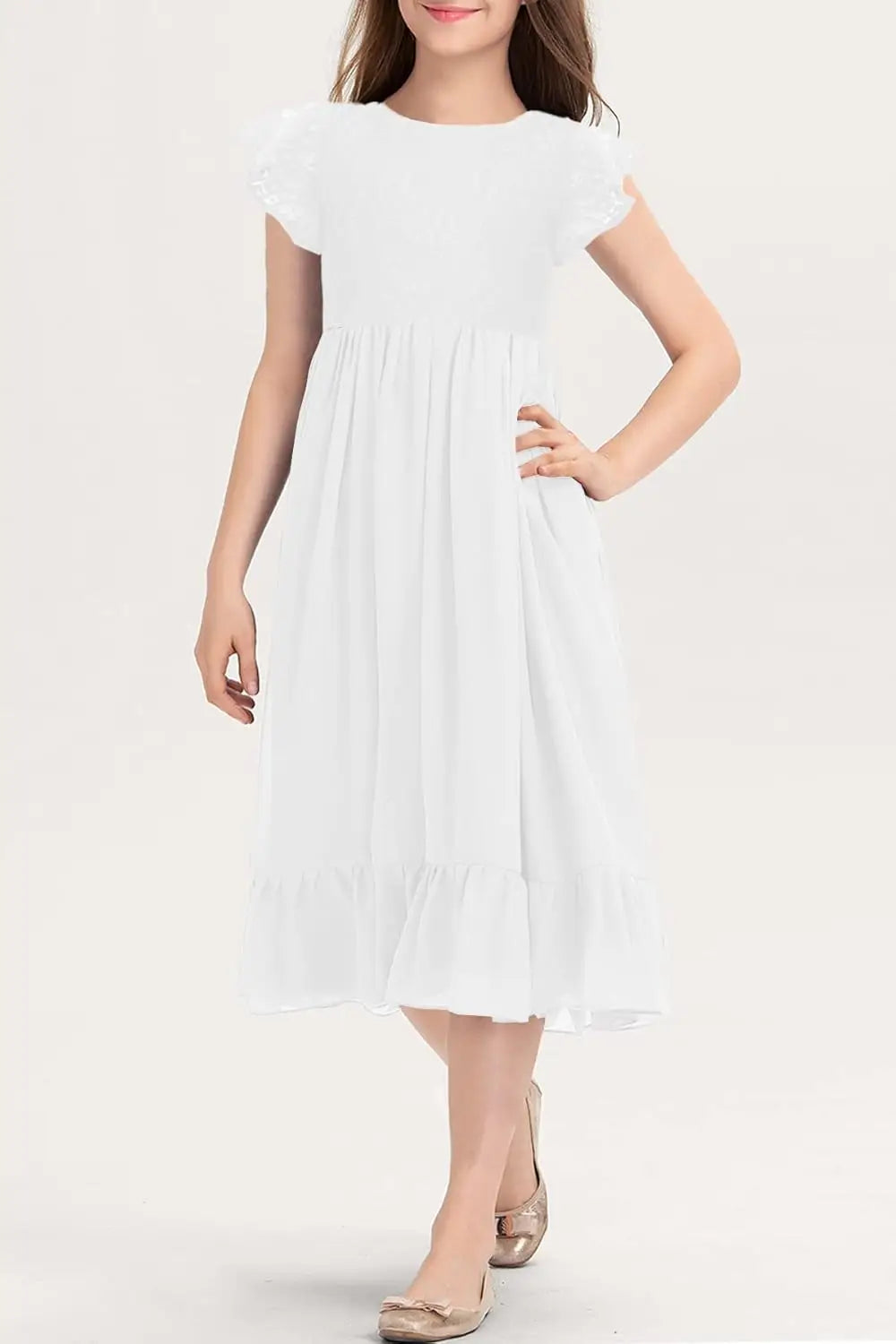 Girls Elegant Lace Flower Crew Neck Ruffle Chiffon A-Line Flowy Birthday Party Midi Dress ball gown  princess dress