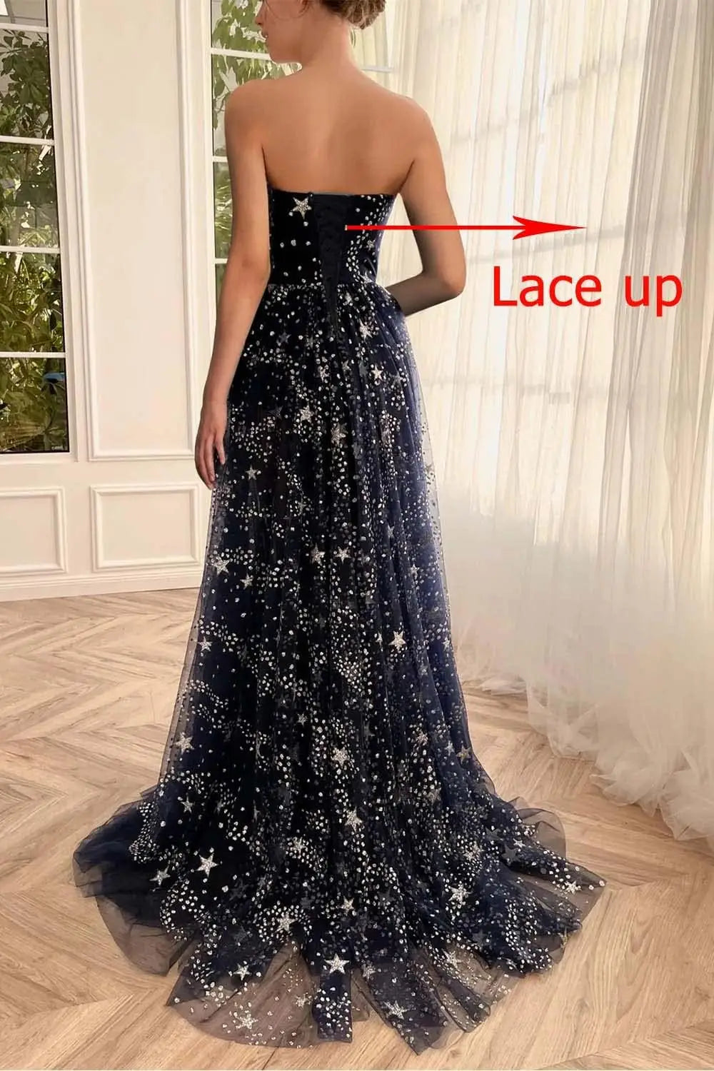 Vestidos de fiesta de tul con estrellas y brillo para mujer, sin tirantes, con abertura, formales, para noche y fiesta 