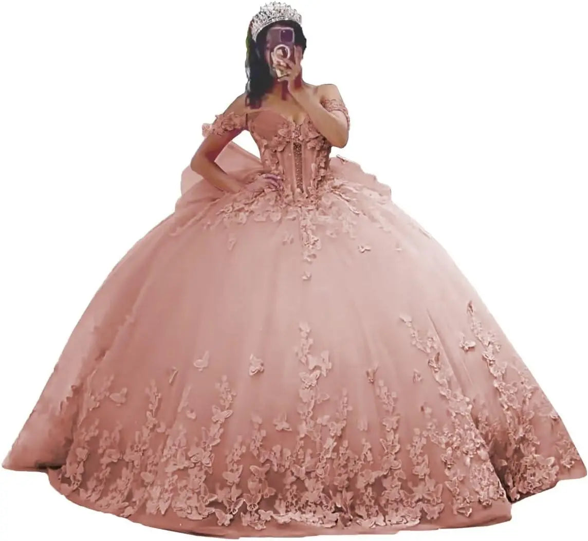 3D Butterfly Quinceanera Dresses Ball Gown Off Shoulder Sweet 15 16 Dresses Sparkly Tulle Beaded Party Gown party dress
