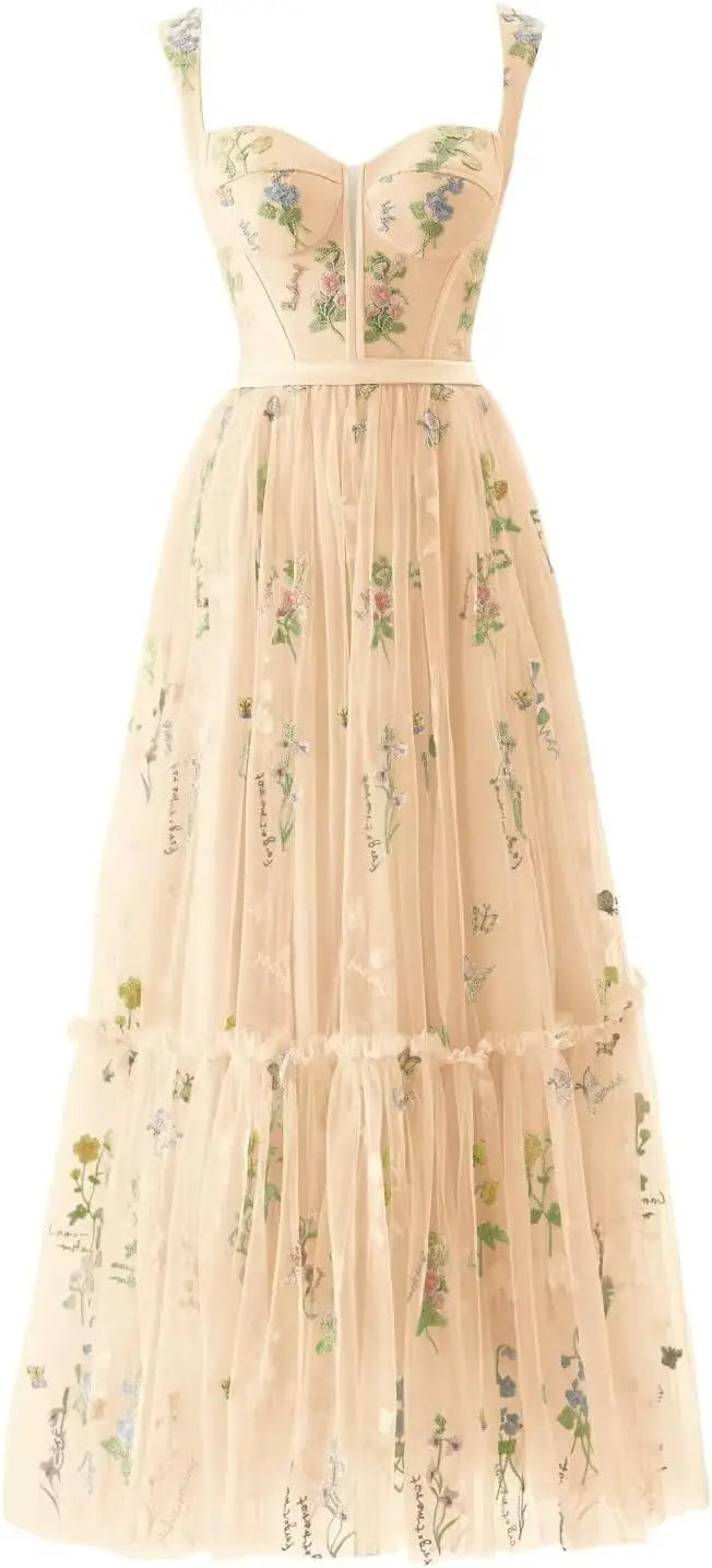 Custom Made Women's Flower Embroidery Tulle Prom Dresses Tea Length Corset A Line Fairy Formal Evening Party Gown Bridesmaid