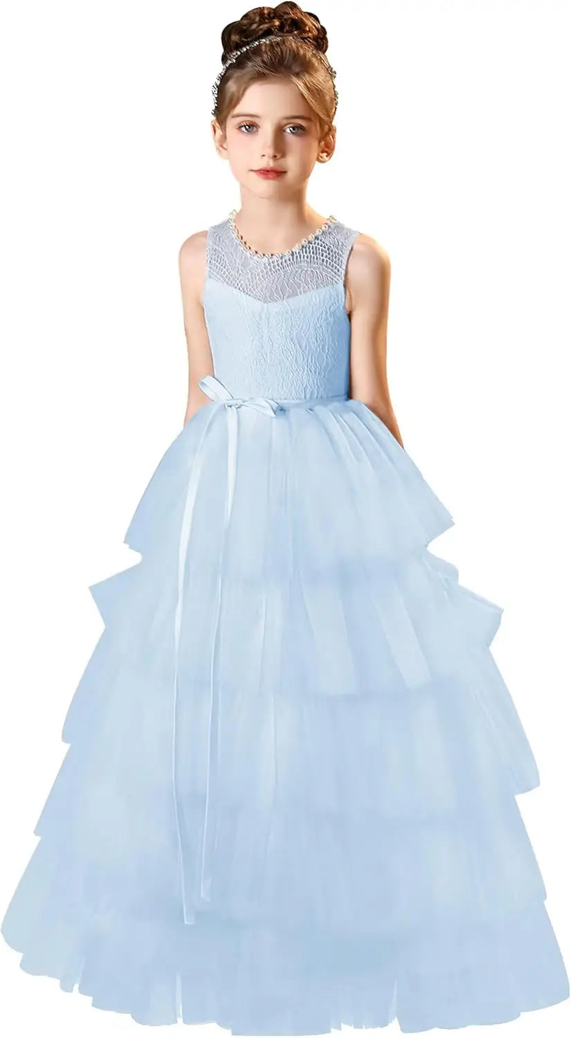 Vestidos de tul para niña de las flores para boda, vestido de encaje de primera comunión, vestidos de fiesta de desfile en capas para niñas 