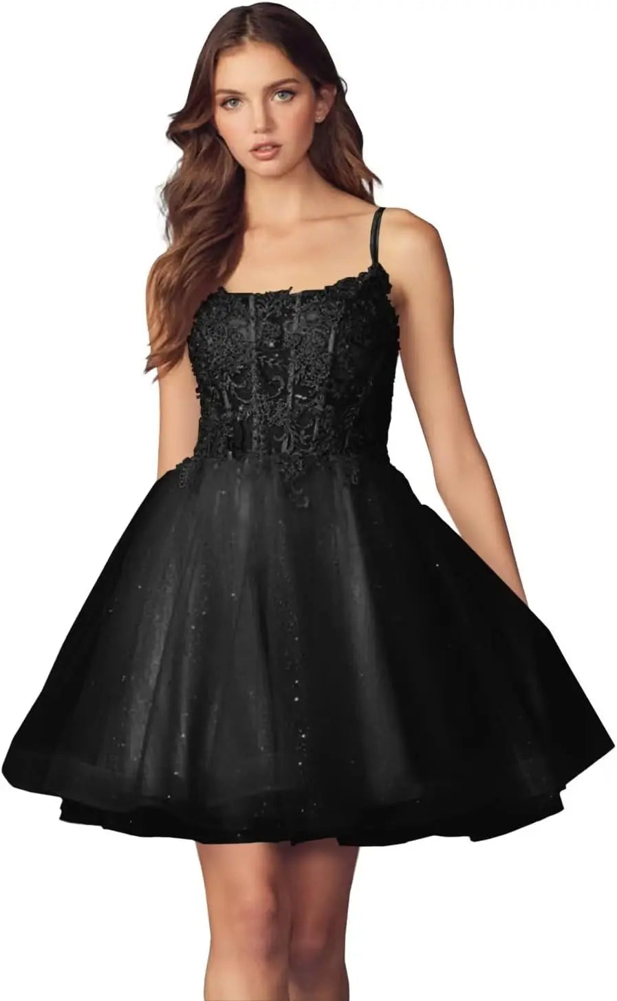 Kurzes Homecoming-Kleid mit Spitzenapplikationen aus Tüll für Teenager mit Spaghettiträgern, Cocktail-, Abschlussball- und Partykleider 