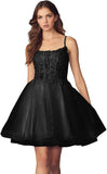 Kurzes Homecoming-Kleid mit Spitzenapplikationen aus Tüll für Teenager mit Spaghettiträgern, Cocktail-, Abschlussball- und Partykleider 
