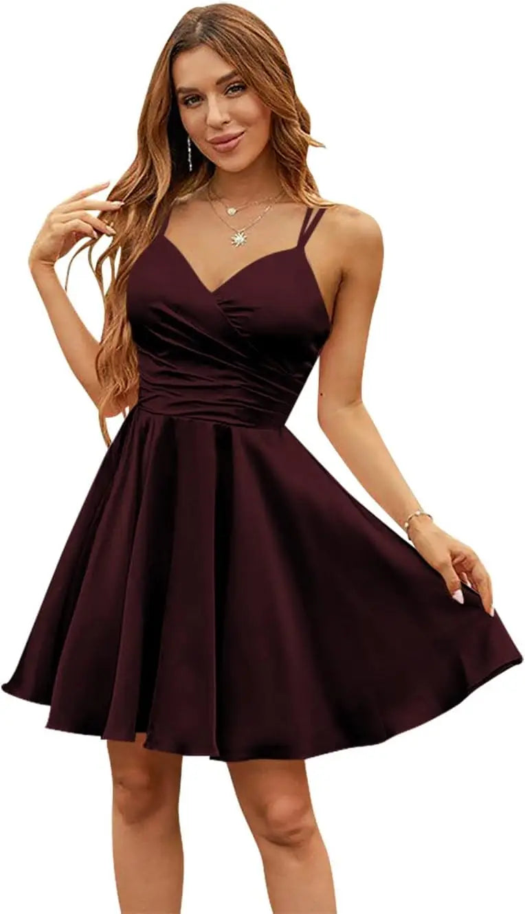 Vestidos de satén con escote en V para adolescentes, vestidos cortos de fiesta de graduación, tirantes finos, vestidos de cóctel con bolsillos, vestidos de dama de honor 