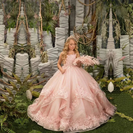 Vestido de primera comunión para niña, largo hasta el suelo, para fiesta de cumpleaños infantil, color rosa, para boda, con apliques florales 3D. 