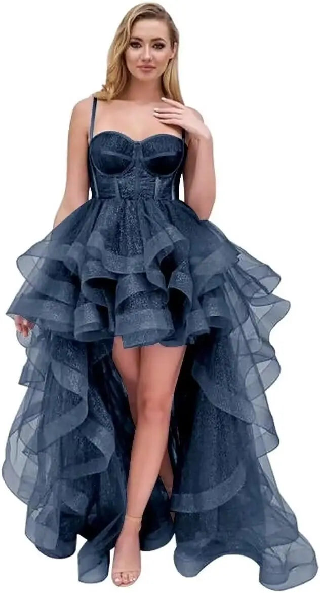 Vestido de fiesta corto de tul con tirantes finos y volantes 2025, vestidos de fiesta altos y bajos para adolescentes, vestido de graduación 