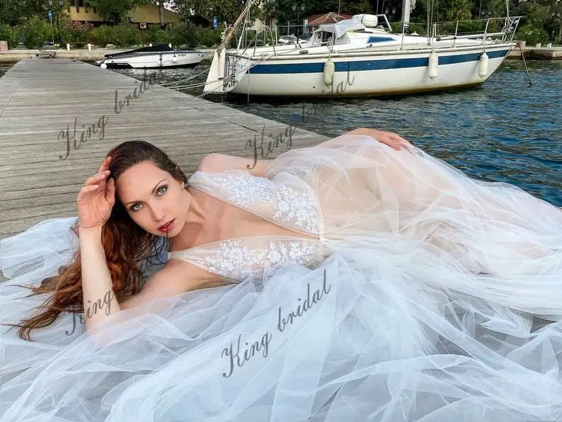 Sheer boudoir long bridal robe. Wedding night sexy bride nightgown. Lace and tulle maternity photoshoot robe.