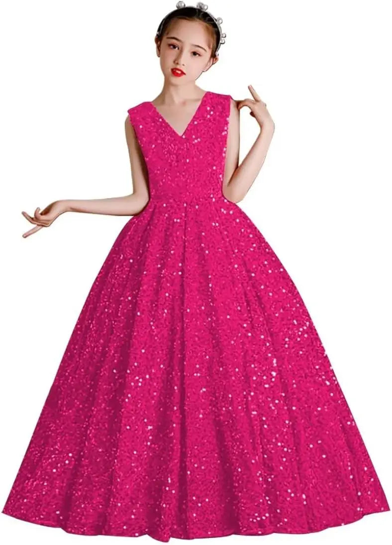 Vestidos de desfile con lentejuelas y cuello en V para niñas, vestidos de baile brillantes para niñas de las flores, vestidos de princesa para niñas pequeñas, vestido de comunión 