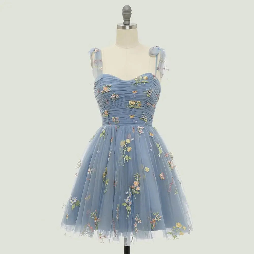 Vestidos de fiesta de tul con tirantes anudados para mujer, vestidos de novia con bordado de flores, vestidos cortos formales para fiesta, mini vestidos de bienvenida 