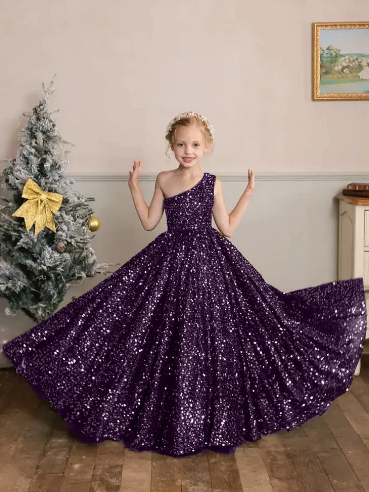 Vestido de princesa con lentejuelas abullonadas color burdeos, de un solo hombro, para bodas, fiestas de cumpleaños, banquetes, vestidos de niña de las flores, vestido de princesa 