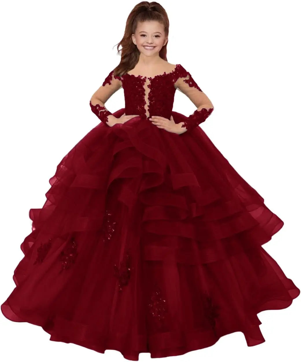 Custom made Princess Long Sleeve Flower Girl Dresses Appliques Ruffles Tulle Pageant Dresses for Girls Kids Party Ball Gowns