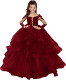 Custom made Princess Long Sleeve Flower Girl Dresses Appliques Ruffles Tulle Pageant Dresses for Girls Kids Party Ball Gowns