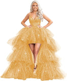 High Low Pailletten Tüll Ballkleider Mehrlagiges Romantisches Ballkleid für Damen Funkelndes Abendkleid Abendkleider 