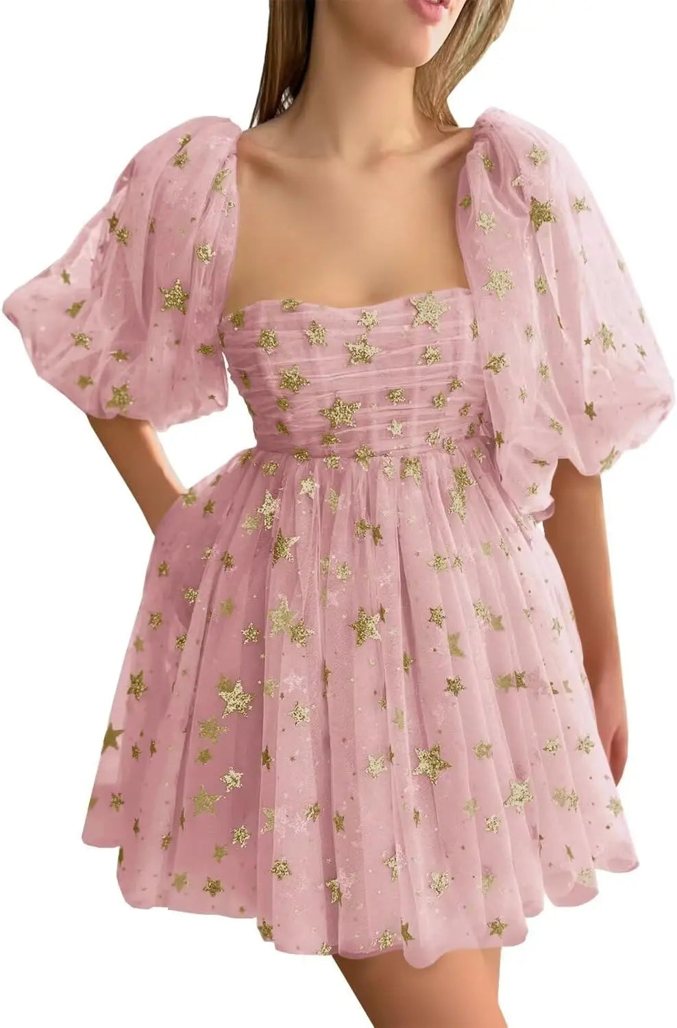 Vestidos de fiesta cortos de tul con estrellas brillantes, hechos a medida, para adolescentes, minivestido de fiesta con estrellas brillantes y mangas abullonadas, vestido formal para club. 