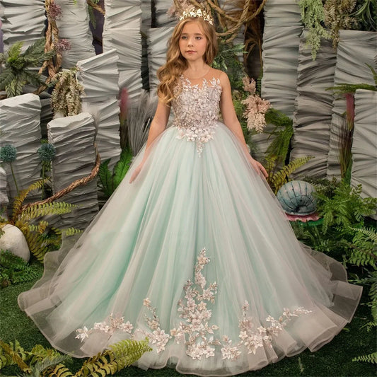 Mintgrünes, plissiertes Hochzeitskleid mit Spitzenperlen und 3D-Blumenmuster für die Erstkommunion 