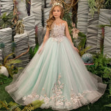 Mint Green Lace Beaded Pleated Wedding Elegant 3D Floral Child First Communion Party Dress Fluffy Tulle Flower Girl Dress
